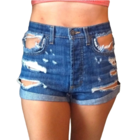 Carmar Mason Pocket Cut Out Distressed Blue Non Stretch High Rise Denim Shorts